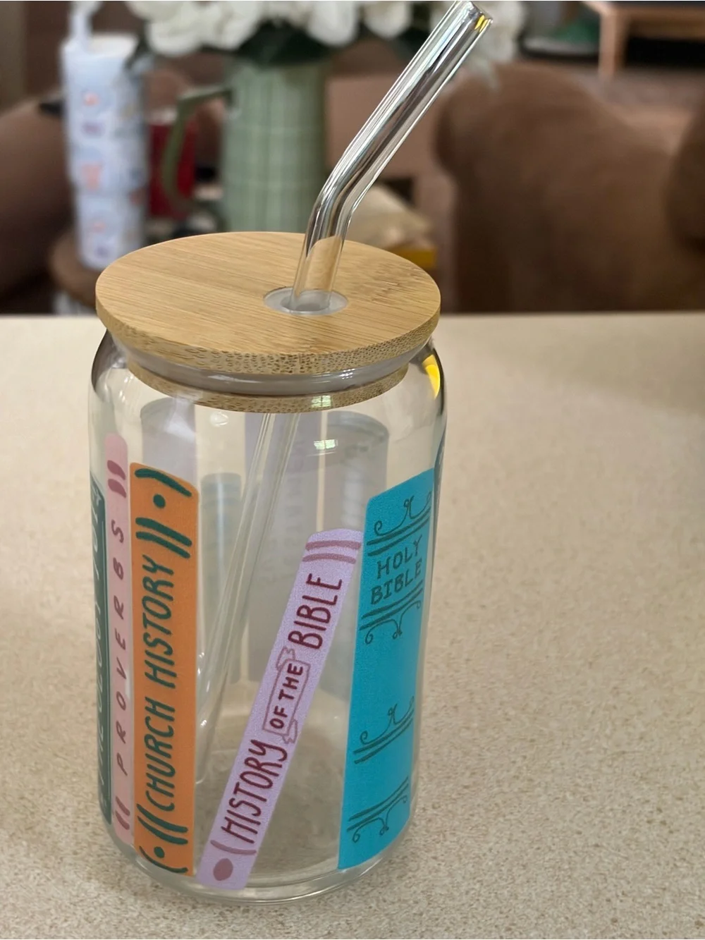 Glass Mason Jar Tumbler with Bamboo Lid & Straw — Book Spine Design
